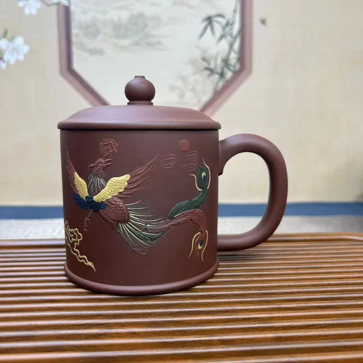 宜兴紫砂盖杯手工原矿紫泥凤杯500cc精美紫砂杯