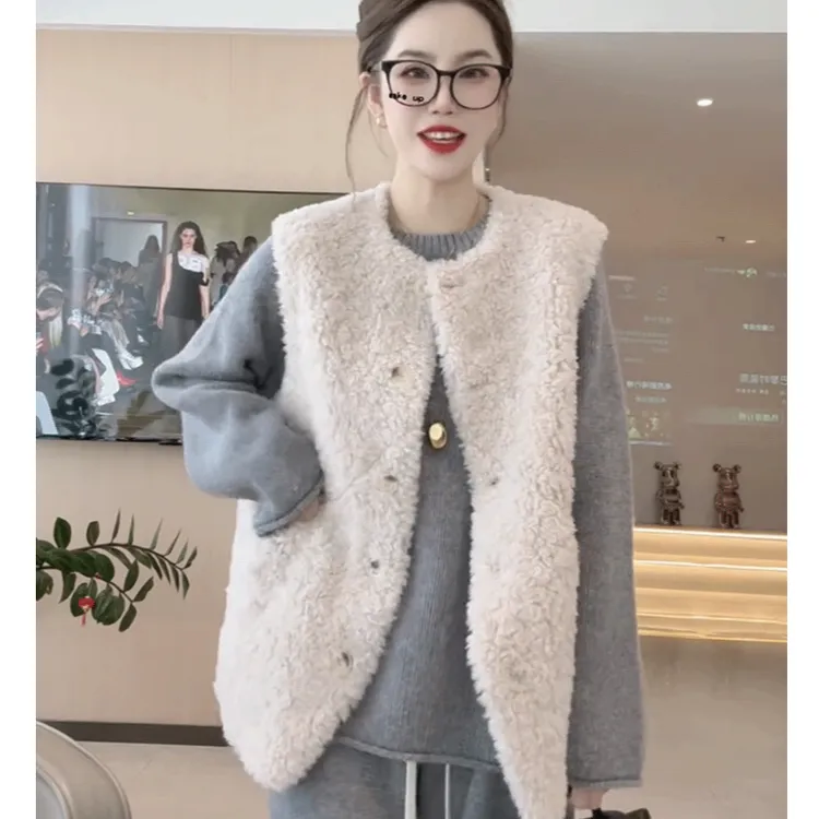 秋冬新款高级感气质仿羊羔毛皮毛一体马甲女无袖坎肩马夹个性上衣