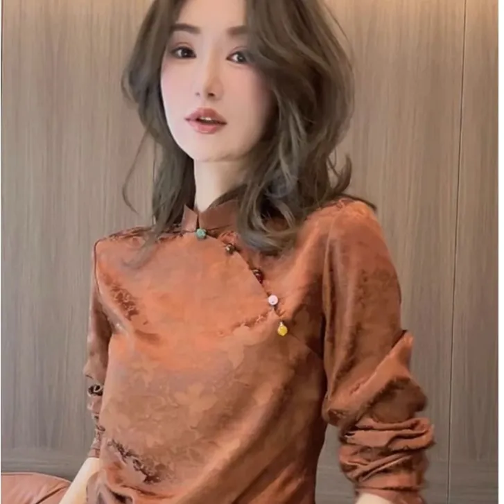 新中式女装咖色印花斜襟五粒扣衬衫今年秋季流行漂亮国风长袖上衣