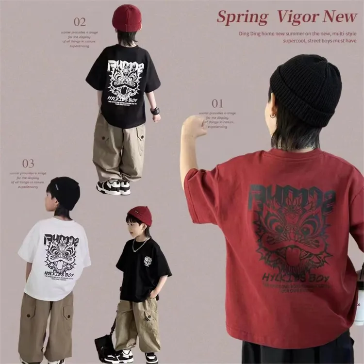 【高货48小时发货】40织双纱纯棉新款男童宽松版时尚双面印花T恤