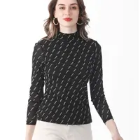 2024秋季新款女装半高领LOGO印花修身百搭九分袖打底衫上衣