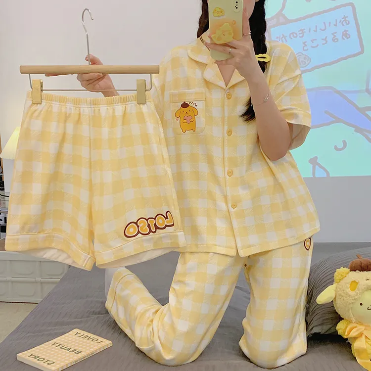 睡衣女套装短裤纯棉家居服夏季薄款格子女士夏天甜美卡通春秋休闲