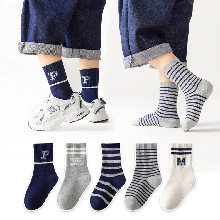儿童袜子秋冬字母透气抗起球中筒棉袜男女童无骨学生袜运动袜A107