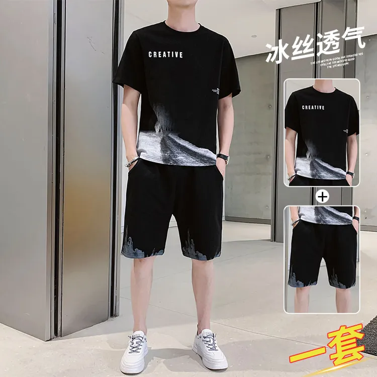 【凉感一整套】休闲运动套装男士夏季薄款男生帅气短袖t恤短裤男装