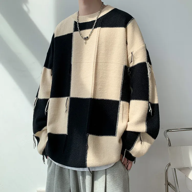 小鱼仔的秋冬新款圆领毛衣男百搭撞色少年感潮打底针织衫外套潮