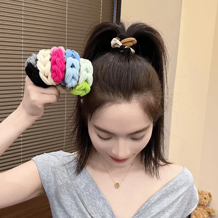 新款韩版加粗高弹力彩色编织发圈发绳多巴胺蝴蝶结耐用不伤发头绳