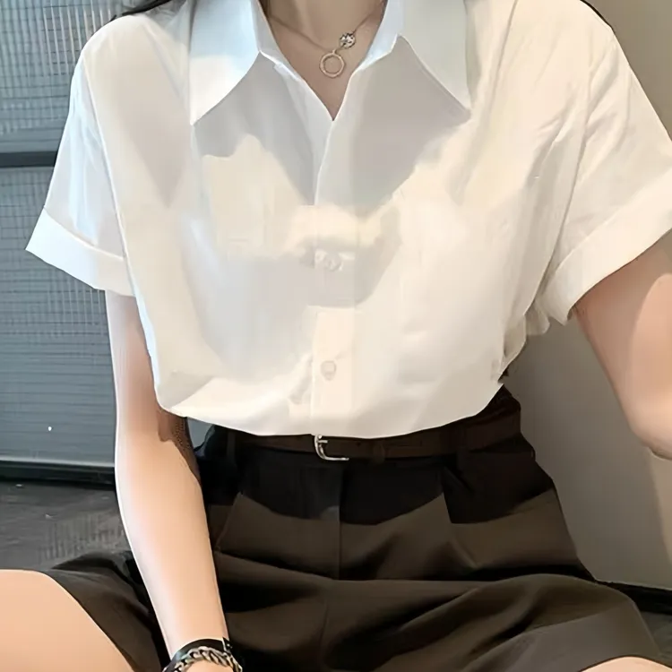 夏季新款休闲白衬衫女短袖小个子宽松职业衬衫设计感洋气显瘦上衣