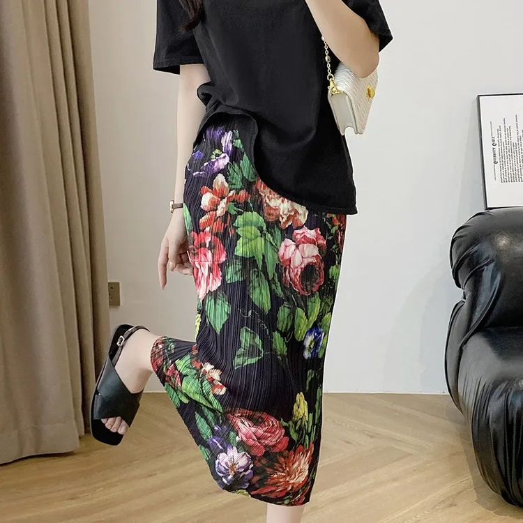 三宅高端百褶长裙气质高级感黑玫瑰夏款洋气大气减龄包臀半身裙