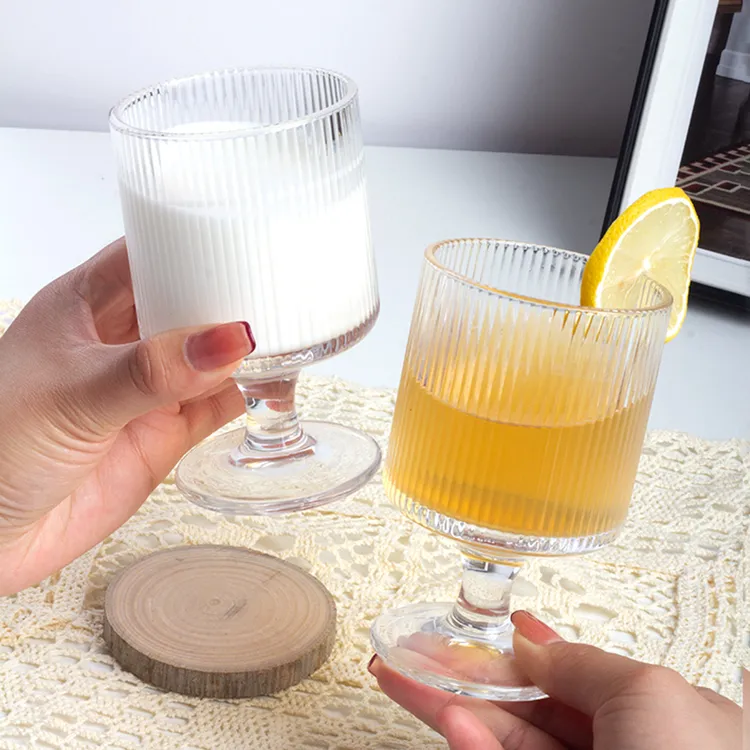 诠释爱【三只装】ins欧式高颜值加厚竖条纹玻璃杯果汁杯甜品高脚杯