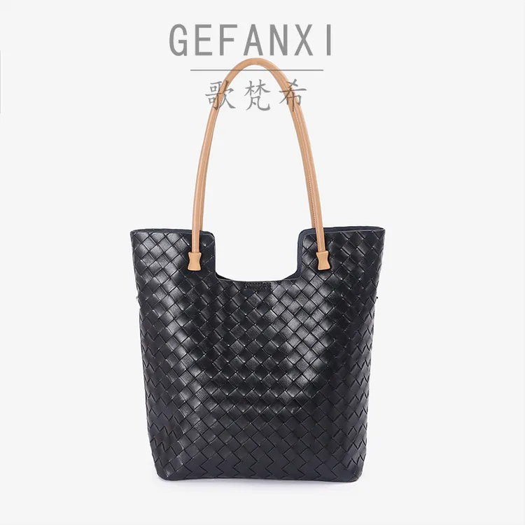 Gefanxi/歌梵希牛皮托特包女2024新款时尚编织单肩包大容量通勤包