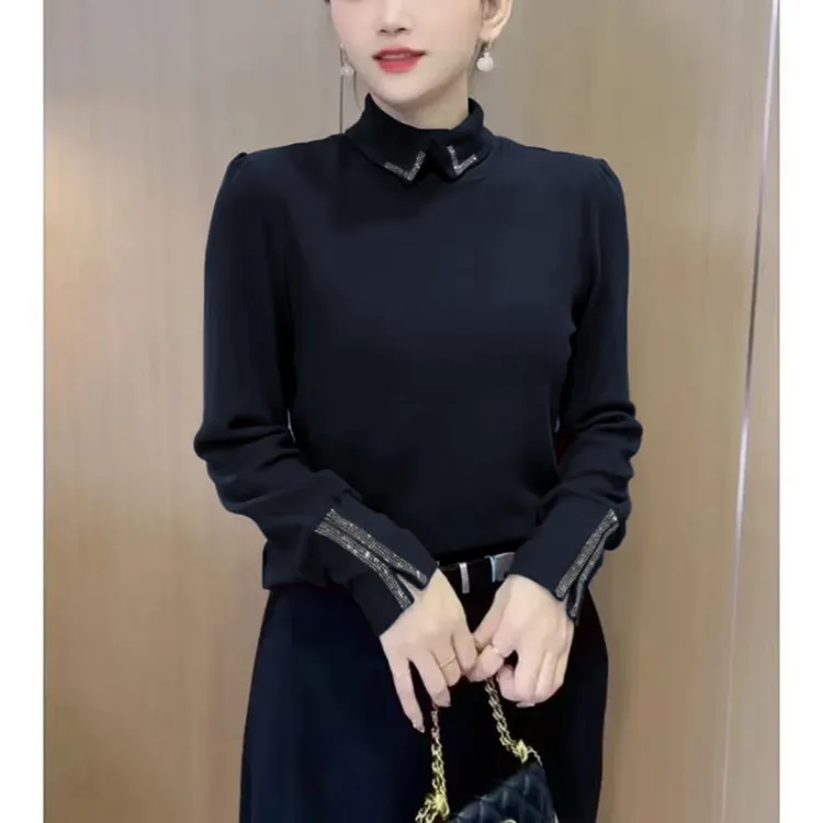 秋冬双面德绒小翻领烫钻保暖上衣网红洋气时尚百搭气质打底衫T恤