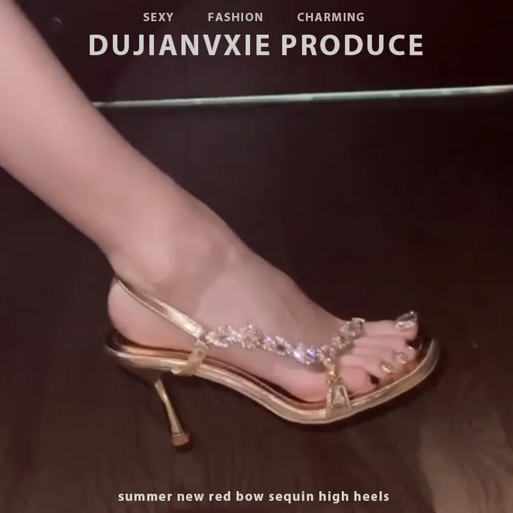 24年夏季新款仙女风金色水钻圆头高跟鞋气质百搭宴会女鞋性感凉鞋