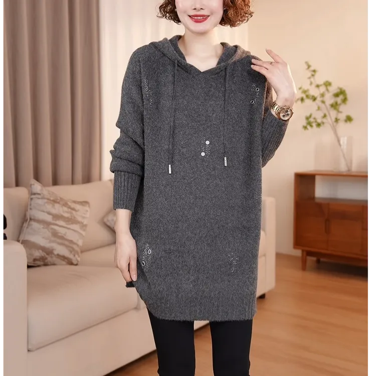 连帽毛衣女秋冬2025新款中长款大码休闲宽松带帽春秋针织衫上衣