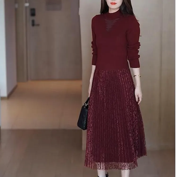 时尚针织连衣裙女秋冬新款显瘦拼接蕾丝中长款打底裙配大衣网纱裙