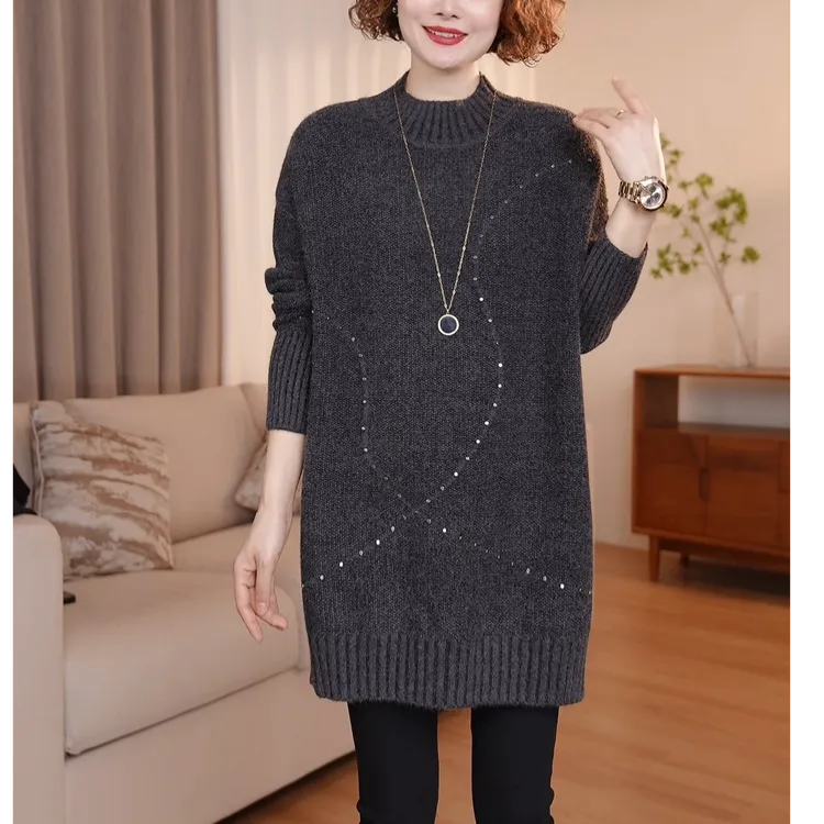 洋气大码毛衣女中长款秋冬时尚宽松半高领针织衫加厚中年妈妈上衣