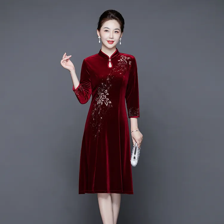 自有品牌现货发中通春秋结婚妈妈装金丝绒婚礼旗袍喜婆婆婚宴礼服