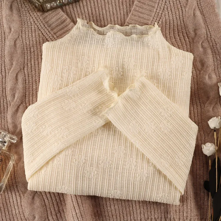 百搭半高领网纱打底衫女小香风内搭长袖小衫木耳边洋气蕾丝衫上衣