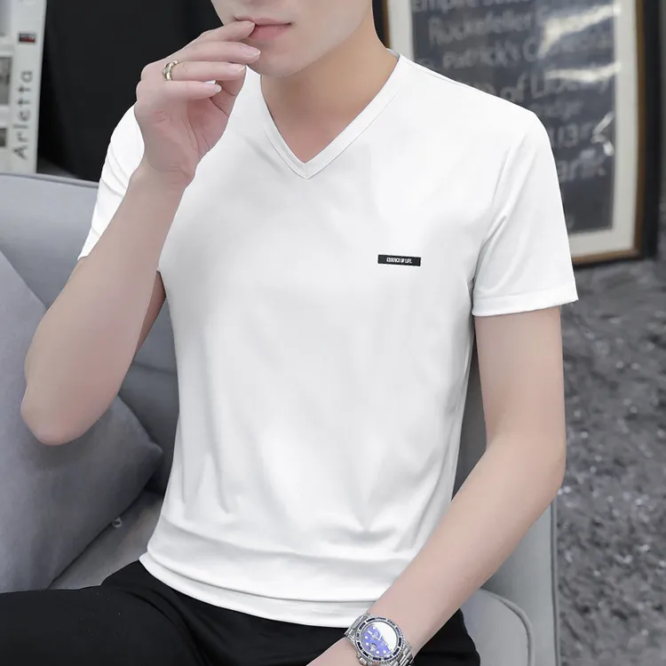 莫代尔纤维冰丝t恤男短袖V领潮流夏季速干凉感白色上衣服潮牌半袖