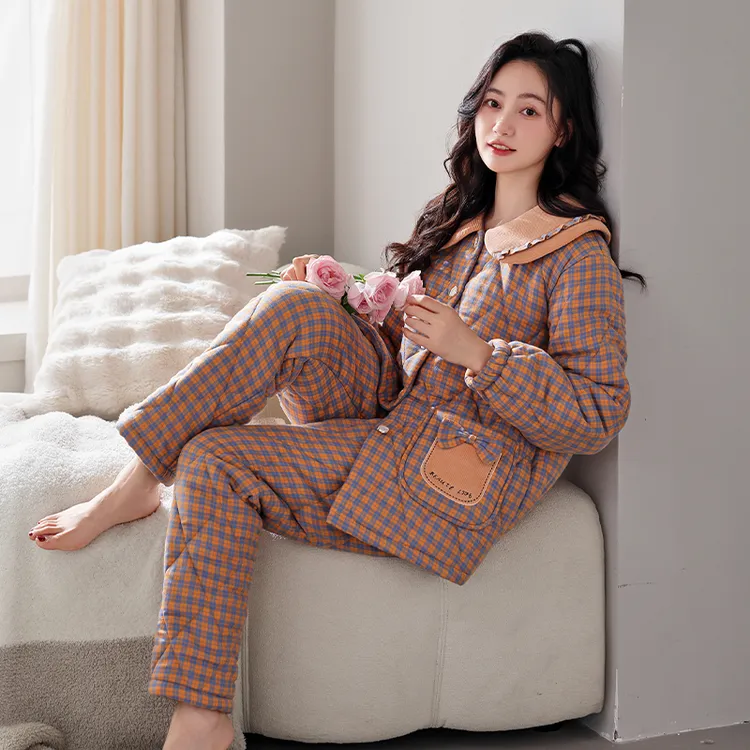 品牌睡衣女三层加厚梭织纯棉夹棉装冬季可外穿时尚格子保暖家居服