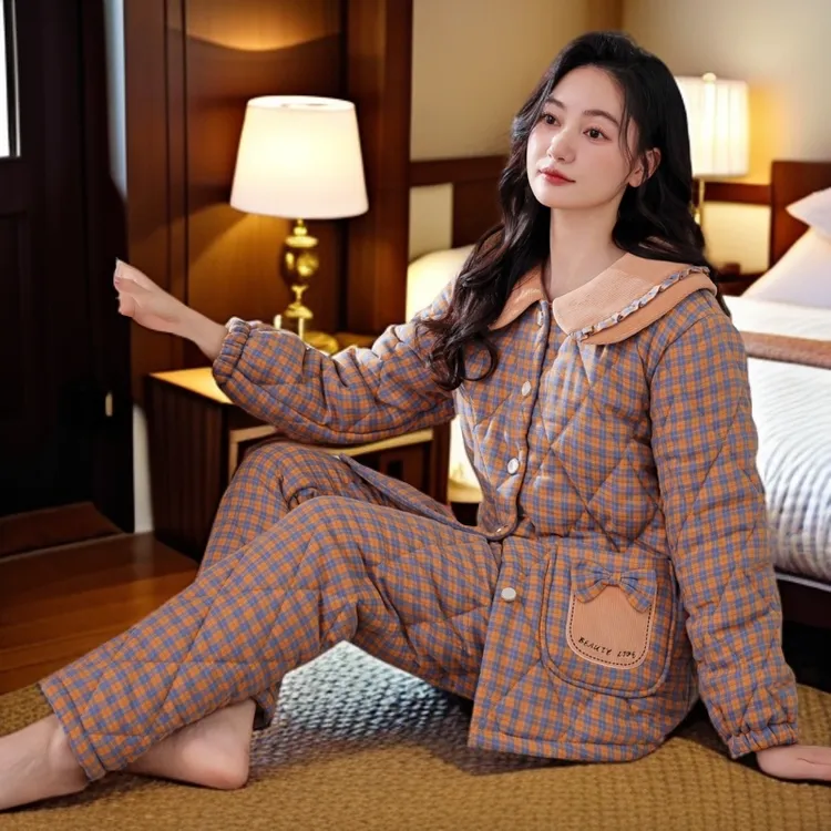 夹棉睡衣女冬季梭织纯棉三层加厚时尚格子加绒保暖大码外穿家居服