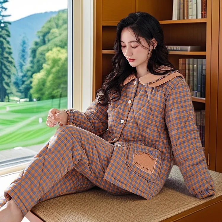 冬季夹棉三层加厚梭织100%纯棉可外穿时尚格子大码保暖睡衣宽松