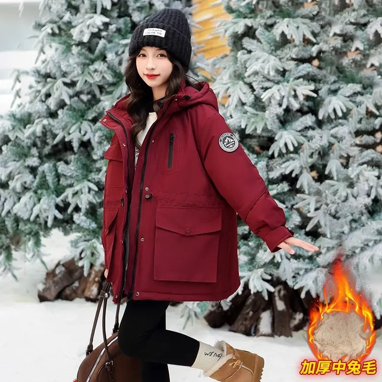 女童加绒外套冬季棉服2025新款洋气女大童外穿上衣加厚保暖派克服