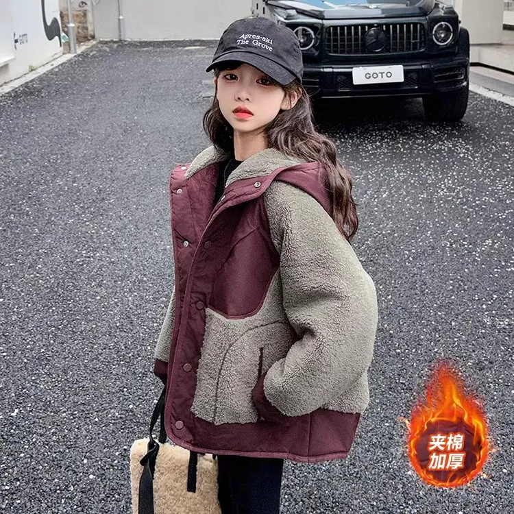 女童拼色外套冬季2024新款儿童女大童秋冬夹棉加厚毛毛衣连帽上衣
