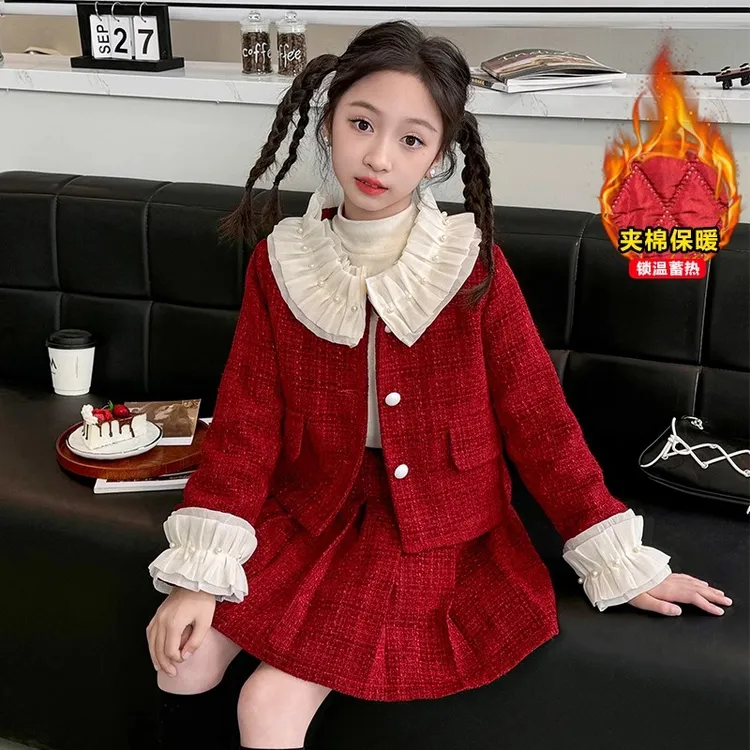 女童拜年服2024新款大童加厚套装过年喜庆红色衣服冬季小香风套裙