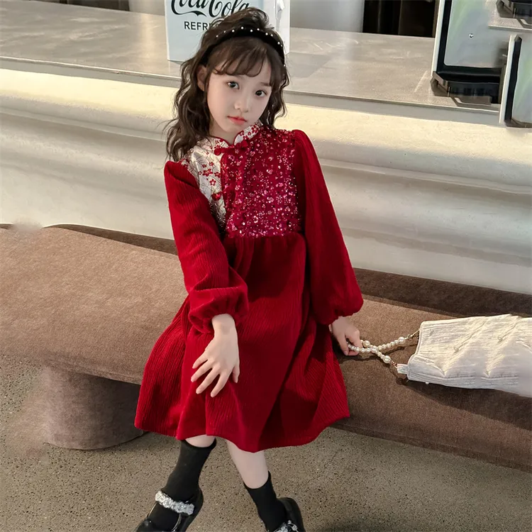 女童加绒连衣裙冬装红色圣诞裙子儿童中国风公主裙拜年服高端礼服