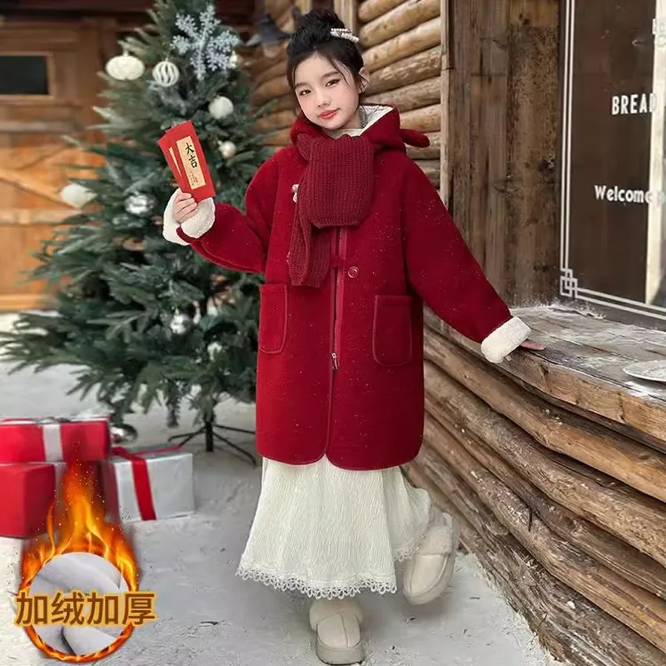 女童冬装加绒加厚年服大衣2025新款女大儿童红色保暖连帽呢子外套