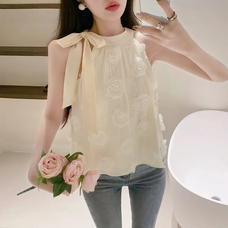露肩挂脖花朵无袖吊带女夏季法式小众宽松显瘦百搭短款小上衣外穿