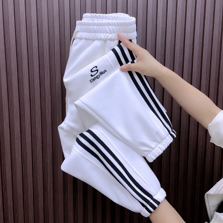 801秋季新款女时尚百搭卫裤拼接黑白条高腰显瘦学生裤九分哈伦裤