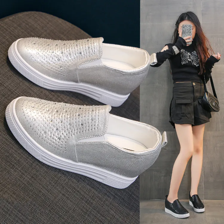 内增高小白鞋女鞋坡跟2025春季新款厚底乐福鞋一脚蹬懒人休闲鞋