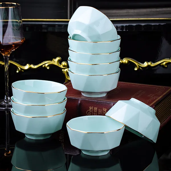 三色描金钻石5英寸饭碗10个装景德镇家用陶瓷碗盘餐具欧式防烫