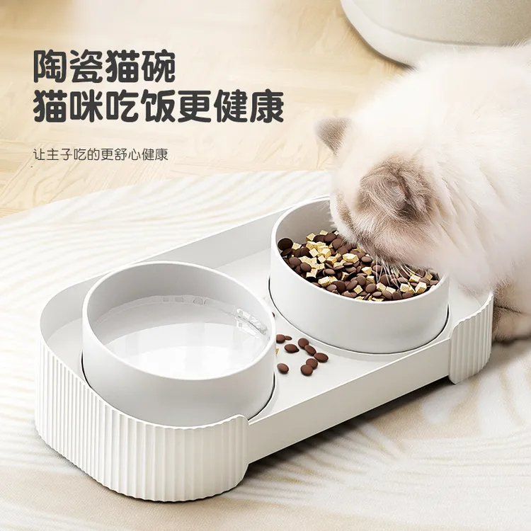 用品简约宠物碗猫粮喂食喂水猫咪陶瓷碗护颈猫碗防黑下巴双碗