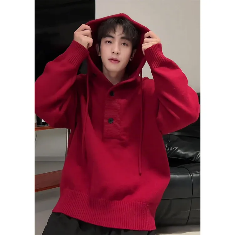 红色cleanfit套头秋冬男款毛衣美式复古连帽针织衫韩系穿搭潮上衣