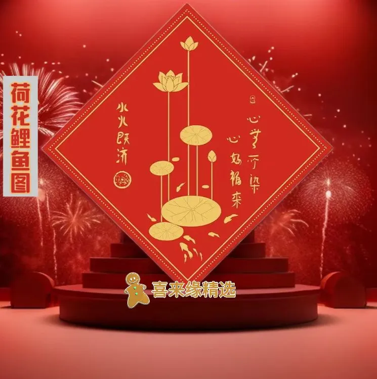 秦老师推荐荷花图卫生间荷花鲤鱼装饰厨房水火即济自带背胶粘画