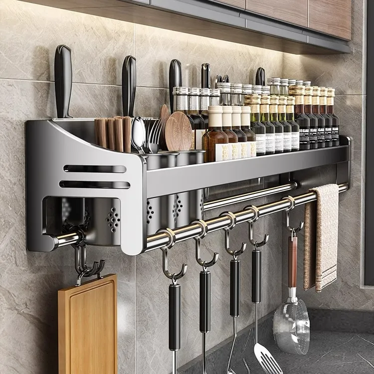 不锈钢厨房置物架家用壁挂式多功能刀架调味料筷子用品大全收纳架