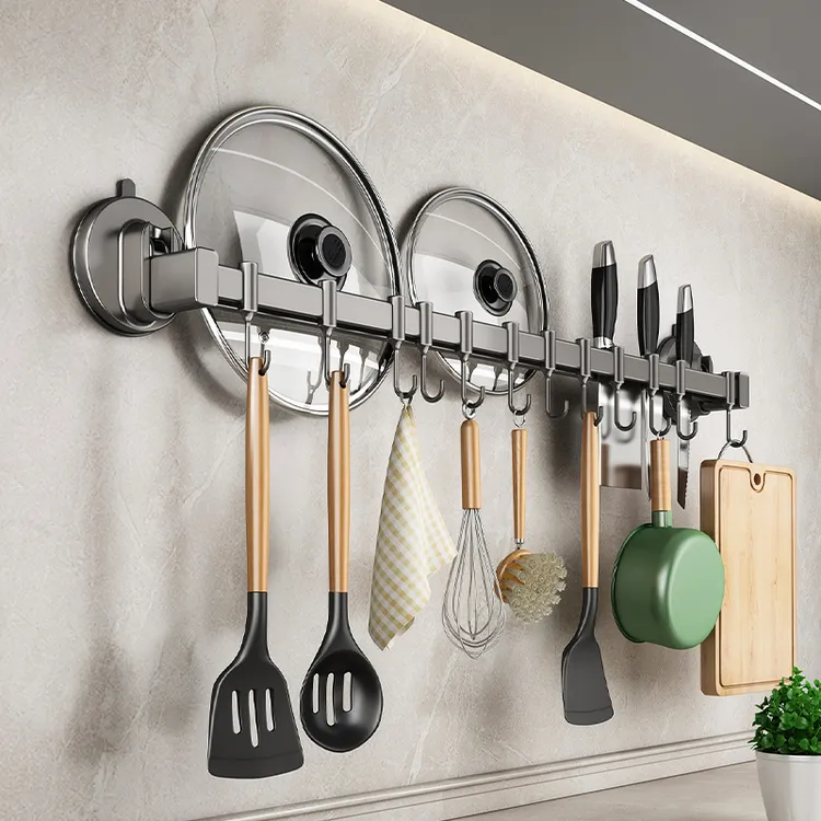 吸盘厨房置物架挂钩挂杆免打孔锅铲勺子刀具一体挂架壁挂式收纳架