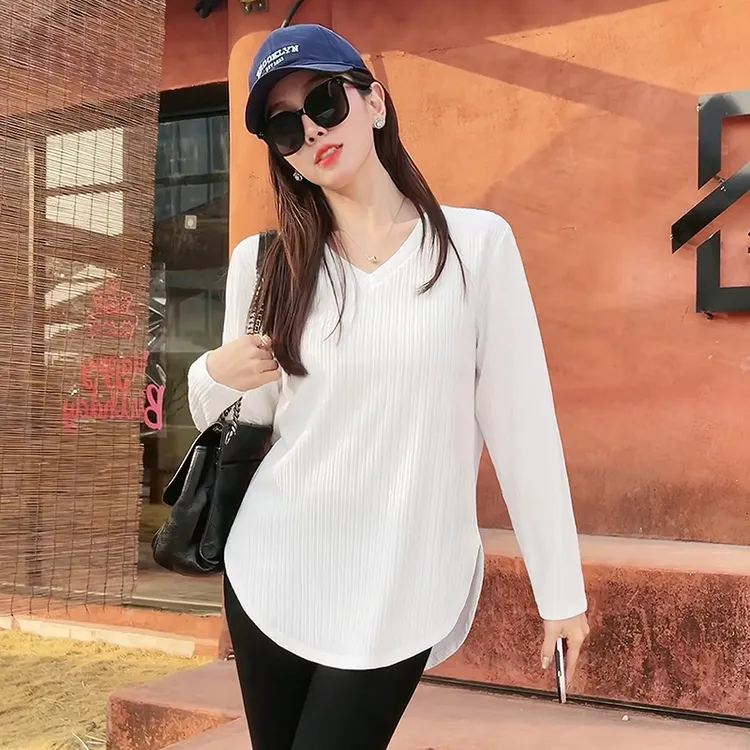 2025早秋打底衫内搭可外穿洋气v领宽松长袖百搭显瘦大码春秋T恤