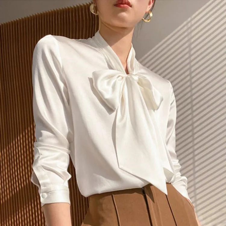 秋季高端飘带醋酸缎面衬衫女2025新款春秋高级感白色职业女装衬衣