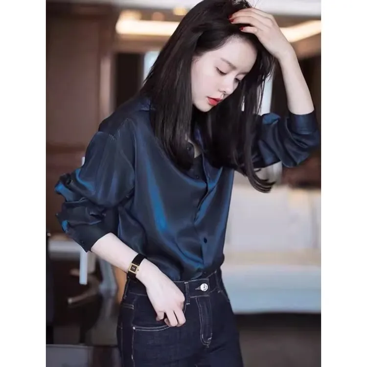 秋季高级感醋酸缎面衬衣女气质2025新款春秋雪纺衬衫女士长袖上衣
