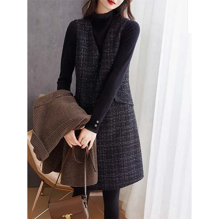 秋装高端小香风背心连衣裙女2025春秋新款毛呢打底裙中长款背心裙