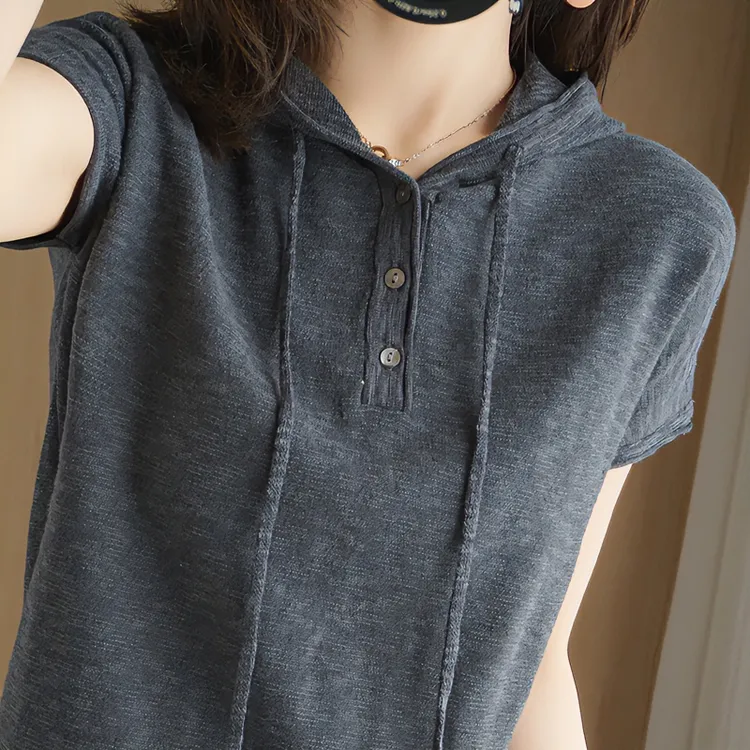 夏季高级感连帽短袖卫衣女减龄2025新款女士带帽薄款上衣百搭外套