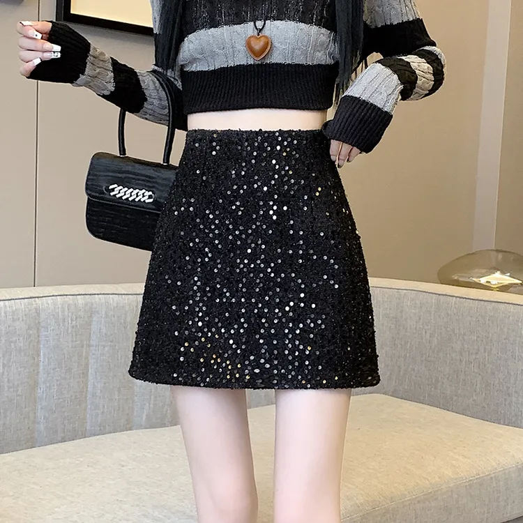 亮片半身裙女A字裙秋冬新款包臀裙小香风高腰显瘦百搭裙子外穿