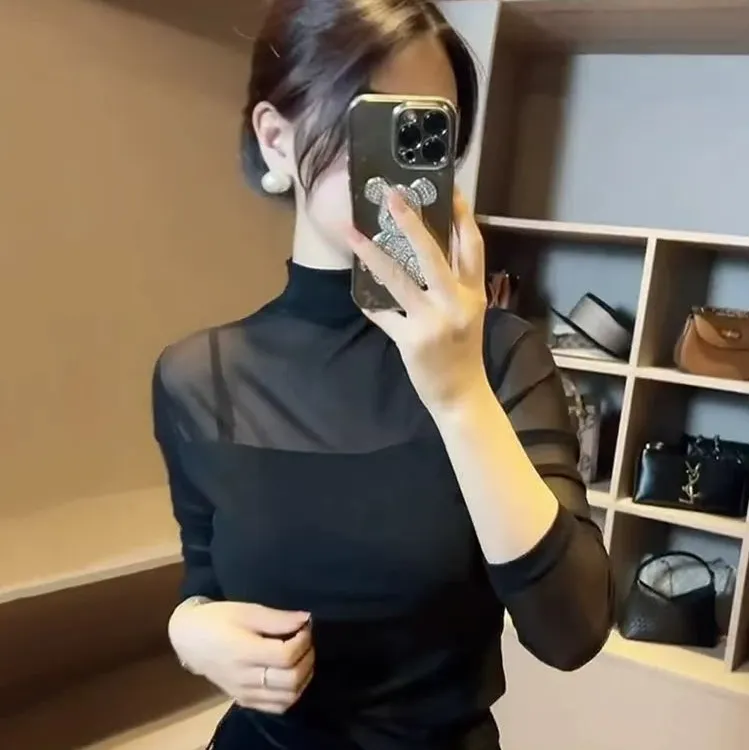 网纱性感透视高领长袖打底衫女T恤 加绒加厚秋冬修身显瘦内搭上衣