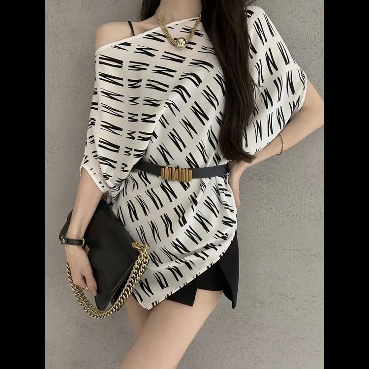 御姐风气质条纹衬衫女夏季设计感个性小众一字肩遮肉显瘦宽松上衣