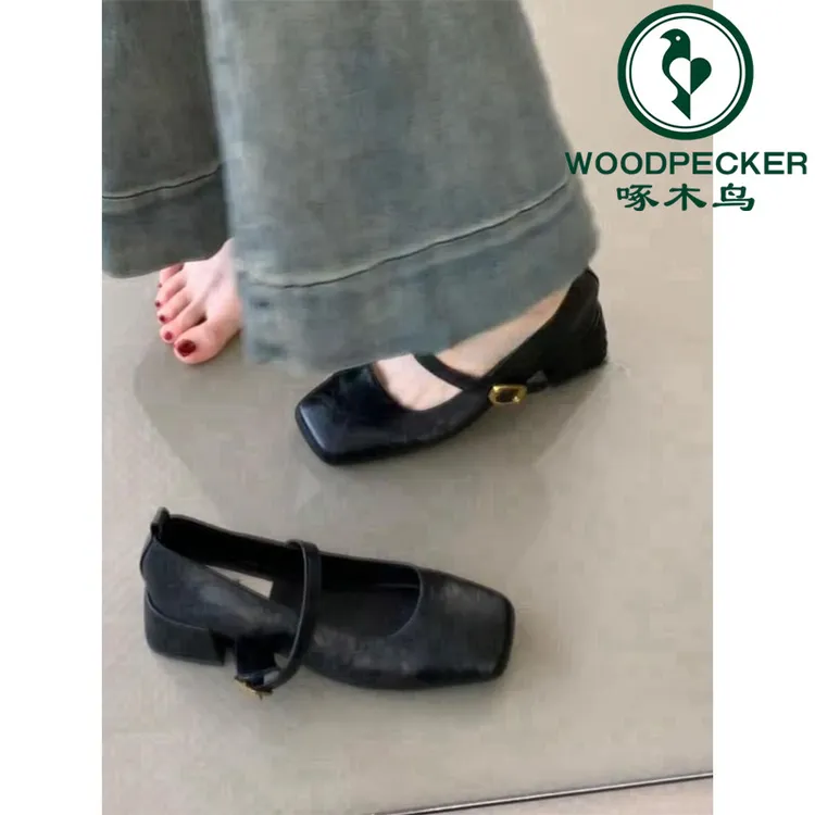 啄木鸟复古方头浅口粗跟单鞋女秋冬季新款法式晚风仙女软皮玛丽珍