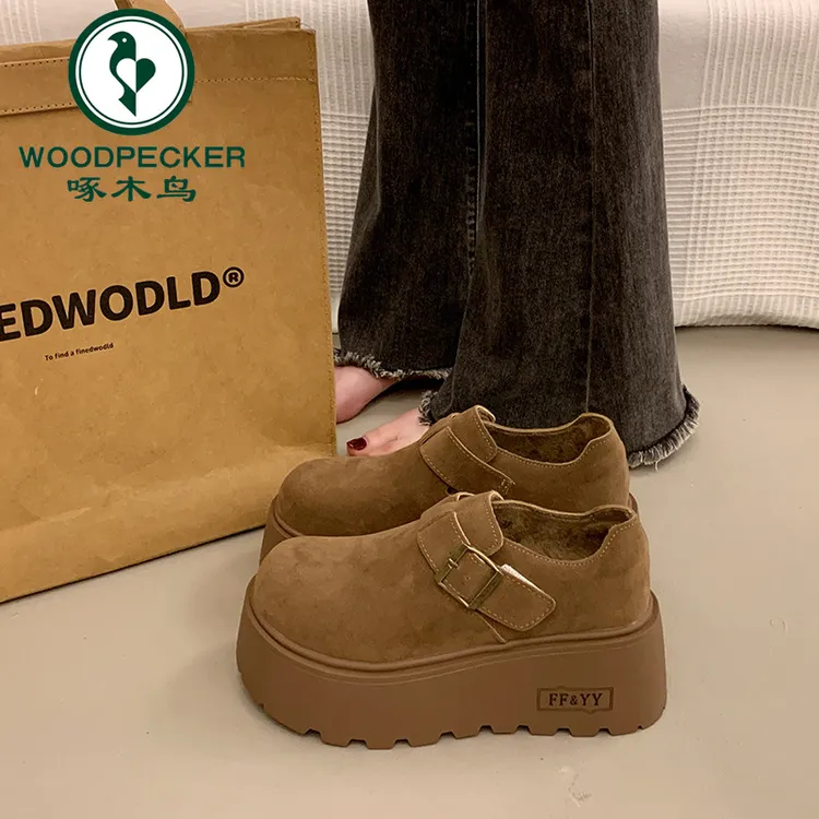 啄木鸟小个子增高厚底勃肯鞋女2025年春季新款加绒乐福英伦风单鞋