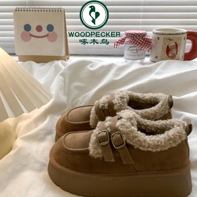 啄木鸟勃肯棉鞋女2024秋冬季新款增高厚底乐福单鞋加绒保暖雪地靴